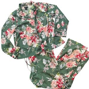 Cynthia Rowley Silky Satin Green Pink Floral 2pc matching set Pajamas Bottoms 🌶️